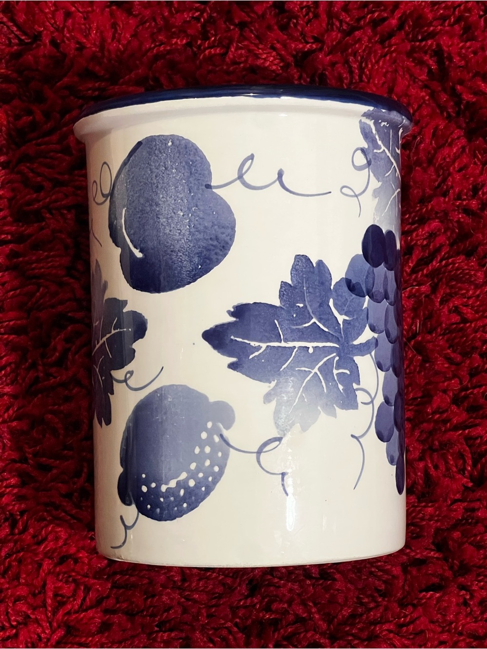 Vintage Italian Ceramic Utensil Holder Crock Made In Italy  Blue Fruit Motif